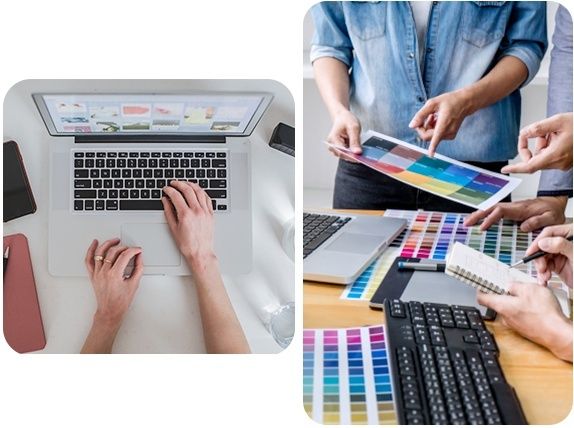 Personer planerar webbprojekt med laptop, färgprover och skisser
