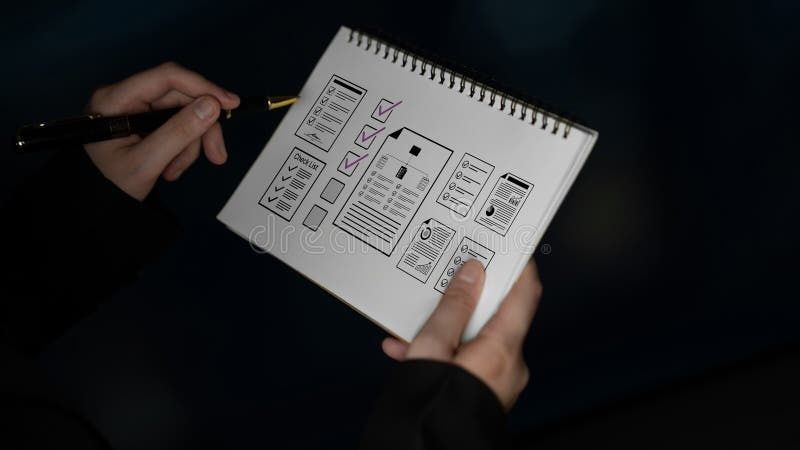Person markerar avprickade granskningspunkter i en wireframe-checklista