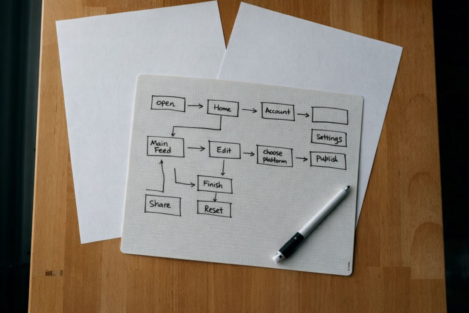 Ett handritat flödesschema på papper som visar en process för ett digitalt projekt.